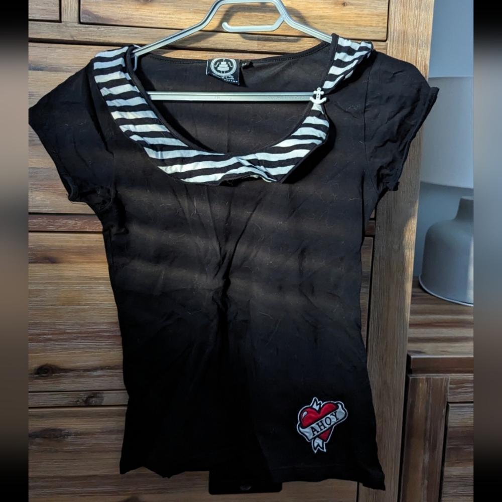 Black Banjo & Cake Shirt With Black and White Striped Collar Pin Up Style